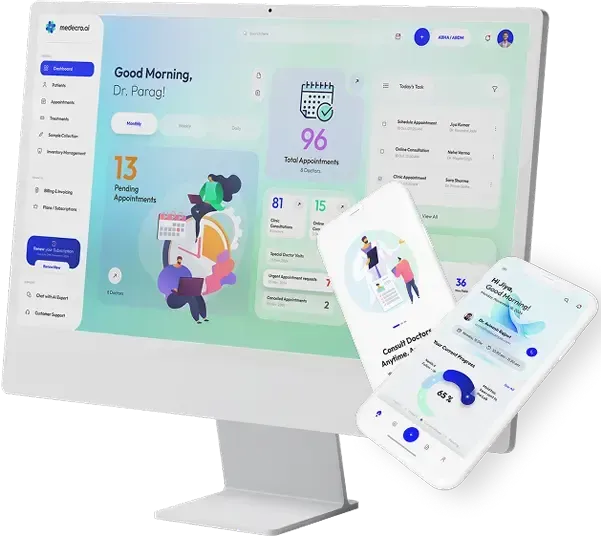 Mock up displaying a medical appointment management dashboard for Medecro, tailored for doctors and patients. Medecro - Healthcare Through AI, SaaS based platform