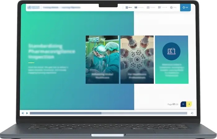 Laptop showing an interactive eLearning module on standardising pharmacovigilance inspection, with visuals of healthcare professionals and modern UI elements. ELearning program on Pharmacovigilance Inspections case study