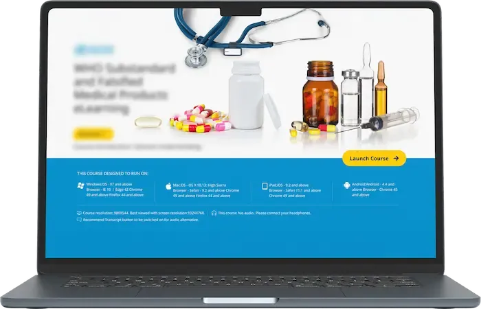Laptop screen displaying an eLearning course interface with pills, capsules, syringes, and stethoscope imagery. Substandard & Falsified Medical Products case study