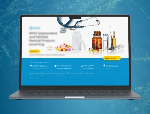 Laptop screen displaying an eLearning course with medicine imagery.
