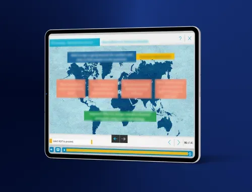 Tablet screen showing an interactive world map with health related module showing statistics all over the world.