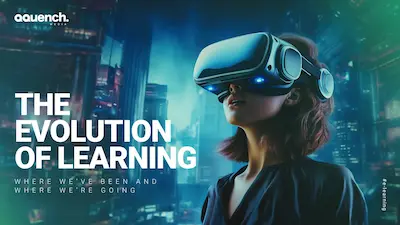 Woman with VR headset in futuristic cityscape, visualizing the transformation of e-learning and immersive education