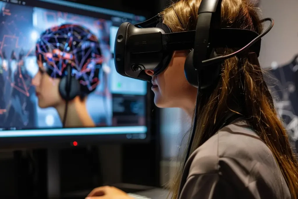 A woman wearing a VR headset, fully immersed in an interactive training programs, experiencing cutting-edge e-learning technology in action.