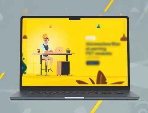 Laptop showing a bright yellow eLearning interface titled Unconscious Bias with animation/scenario based learning.