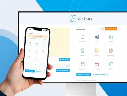 Mock-up displaying the Air Share interface for file transfers across devices with colourful icons.