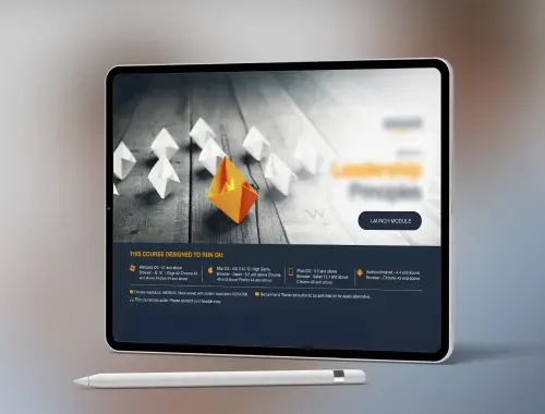 Tablet displaying a Leadership Principles course for a retail giant, showcasing eLearning specifications.