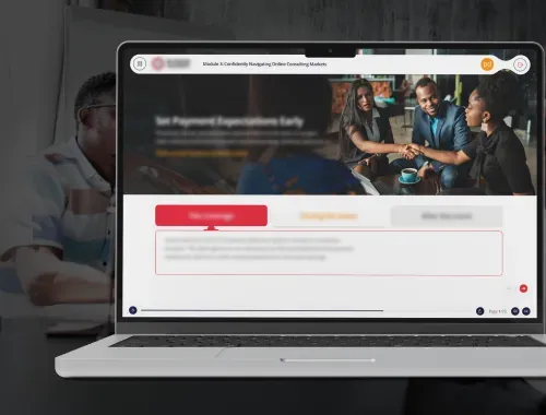Laptop showing a learning module with an interactive screen in eLearning.