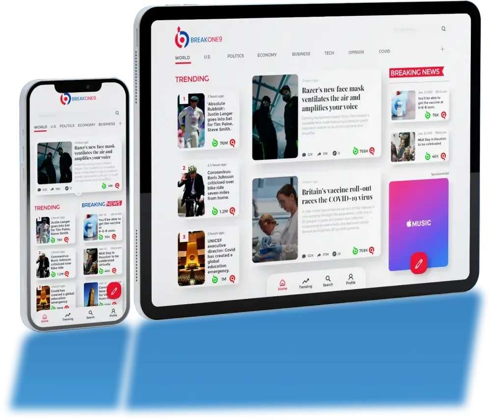 Side-by-side view of a mobile phone and tablet displaying a news content platform with trending stories, categories, and a breaking news ticker. BreakOne09 - Designing News & Social Hub Case study