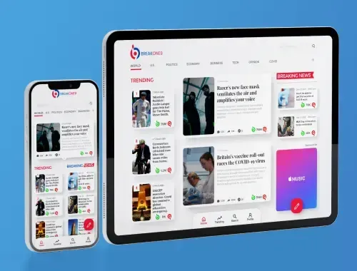 Mockup displaying a news content platform with trending stories, categories, and a breaking news ticker.