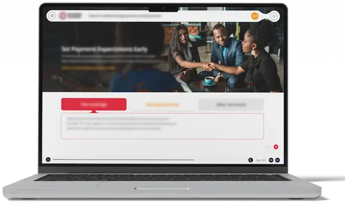Laptop showing a learning module with an image of people talking and interactivity in eLearning to make learning more engaging. Human-Centered Remote Work Training Module Design