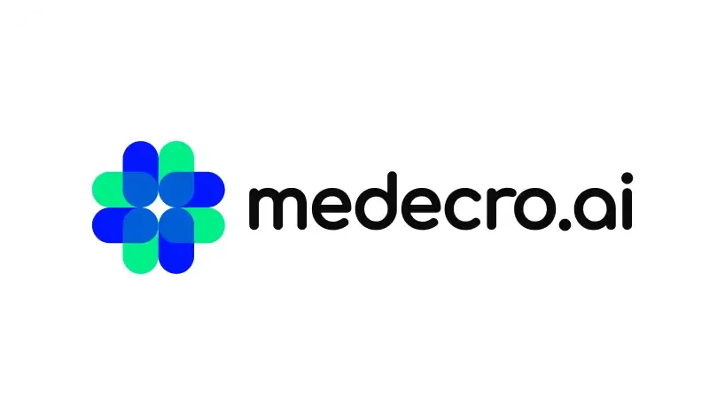 Logo featuring a stylized blue and green futuristic symbol. Medecro.ai branding AI-driven SaaS platform for Dental Care