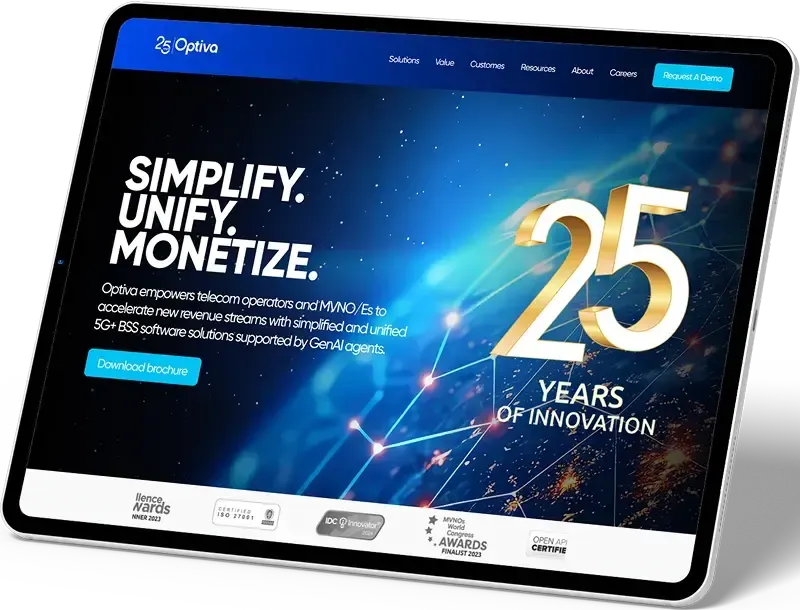Tablet screen featuring the Optiva telecom website celebrating 25 years of innovation, with a futuristic digital network background and bold typography. Optiva cloud-native software Website Redesign Case Study