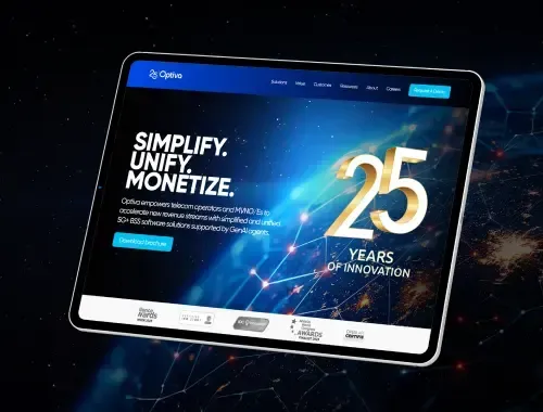Tablet screen featuring the Optiva telecom website celebrating 25 years of innovation, with a futuristic digital network background and bold typography.