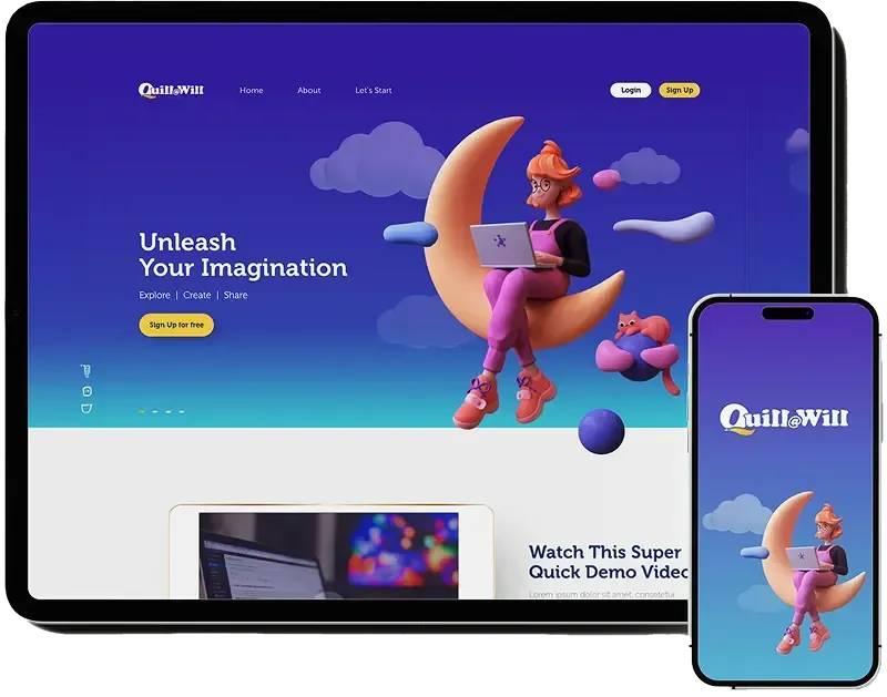 Tablet and smartphone showcasing the Quill@Will creative platform, featuring a 3D character sitting on a crescent moon in a dreamy purple interface encouraging imagination and storytelling. Quill@Will Enhancing Creativity in Children Case Study