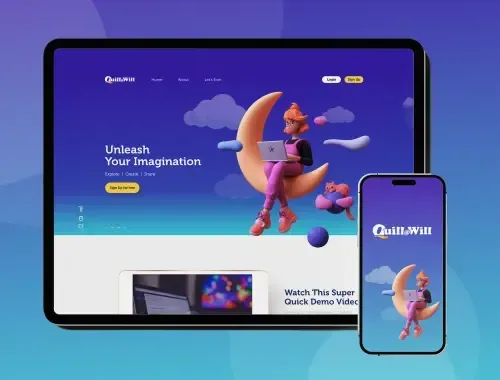 Mock up showcasing the Quill@Will creative platform, featuring a 3D character. Website redesign at Qquench.ai.
