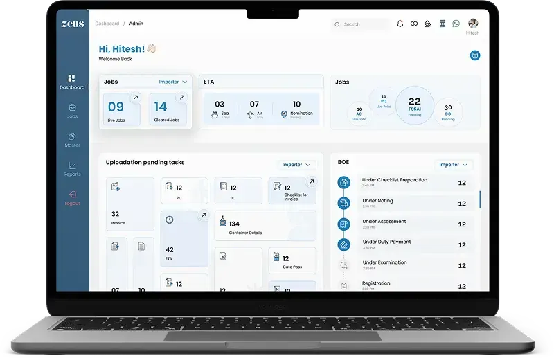 Laptop displaying a maritime logistics dashboard for SF Cargo with real-time shipment tracking, job status updates, and task management, set against a background of shipping docks. SF Cargo - Global import-export global logistics company