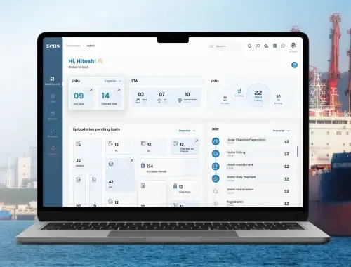 Laptop displaying a maritime logistics dashboard for SF Cargo with real-time shipment tracking, job status updates, and task management. UX project at Qquench.ai