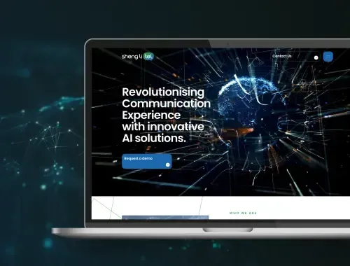 Laptop screen featuring the homepage of ShengLiTel, a futuristic website redesigned by Qquench.ai