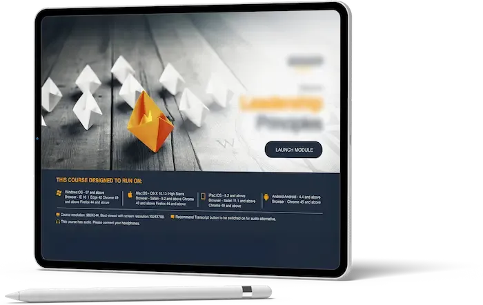 Tablet displaying a Leadership Principles course interface with origami birds and a standout orange paper boat symbolising leadership. Storyline Integration Case Study