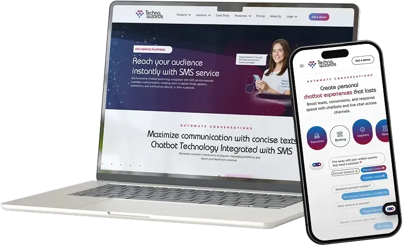 Laptop and smartphone displaying TechnoWizards' chatbot and SMS integration platform, featuring a clean UI and real-time communication options. TechnoWizards.ai - omnichannel Customer Engagement Case Study