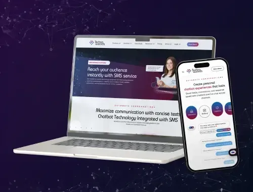 Laptop and smartphone displaying TechnoWizards' chatbot and SMS integration platform, featuring a clean UI and real-time communication options.