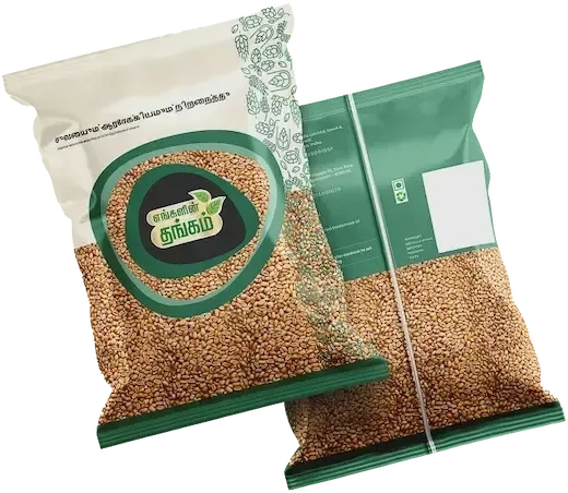 Product packaging for a food brand displayed in a retail setting, featuring eco-friendly design and Tamil branding for sesame seed packets. Twinleaves, a nature-first D2C brand - Packaging Design Intervention