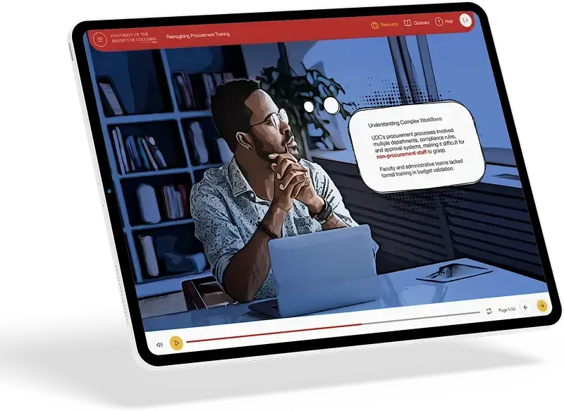 Tablet screen with a comic-style illustrated man in a scenario based slide in a training course. Procurement Training with Comic-Strip Style Animation Case Study