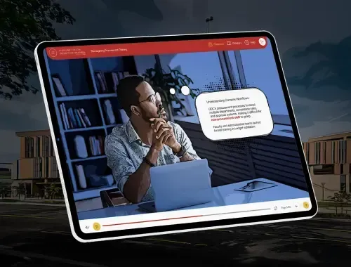 Tablet screen with a comic-style illustrated man in a scenario based slide in a training course.