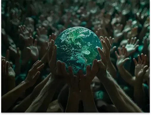 A glowing Earth being raised by a crowd of outstretched hands in a dramatic green-lit setting, symbolising unity and global impact.