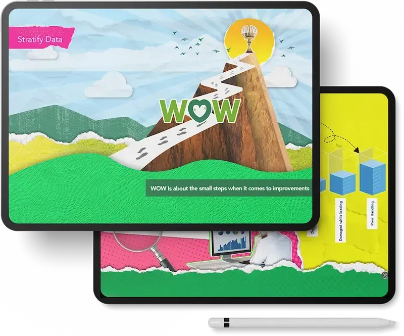 Two tablets showcasing a playful, gamified eLearning experience called WOW, using a colourful paper-texture visual style to teach continuous improvement. Renowned FMCG brand Case Study
