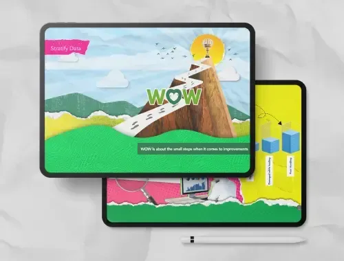 Two tablets showcasing a playful, gamified eLearning experience called WOW, using a colourful paper-texture visual style to teach continuous improvement.