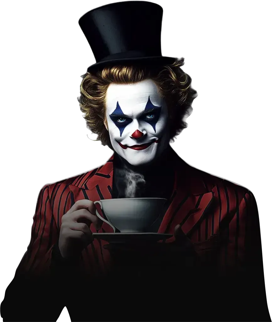 A charismatic jester in a red pinstripe suit and top hat, with bold face paint and a knowing smile, holding a steaming teacup—embodying Qquench’s clever charm, theatrical elegance, and creative unpredictability.
