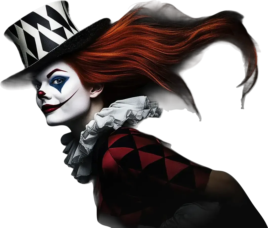 A fierce jester in a red and black harlequin outfit with flowing red hair and a bold diamond-print top hat—capturing Qquench’s fearless flair for brand identity, style, and storytelling with attitude.