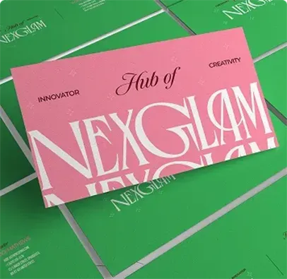 Pink branding card reading “Hub of NEXGLAM” placed over a grid of green cards—showcasing a bold, modern visual identity rooted in creativity and innovation.