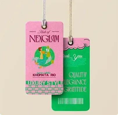 Elegant hang tags for NEXGLAM featuring vibrant pink and green tones, with illustrated fashion elements and brand values like quality, elegance, and gratitude.
