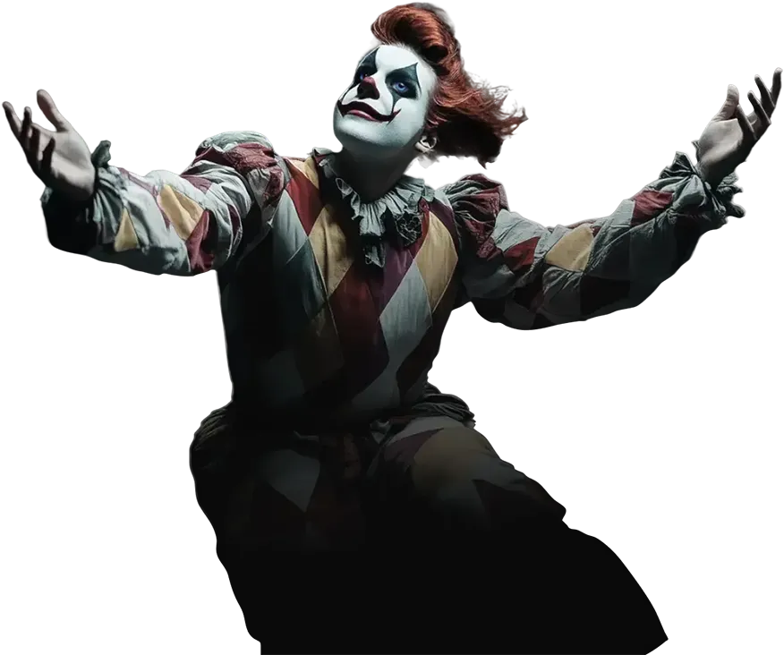 A dynamic jester in a vintage harlequin costume, arms wide open in a dramatic pose—embodying Qquench’s bold, expressive approach to digital marketing that grabs attention and captivates audiences.