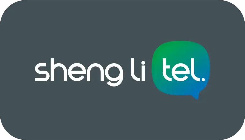 Logo with rounded white text inside a dark background, accompanied by a green and blue chat bubble. shenglitel