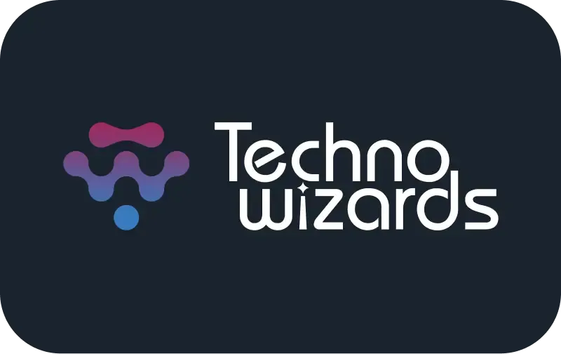 Logo design featuring gradient magenta and blue abstract icon with futuristic text on a dark background. Techno Wizards - Distinct Digital Presence For a Telecom Future