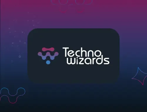Logo design featuring gradient magenta and blue abstract icon with futuristic text on a dark background.
