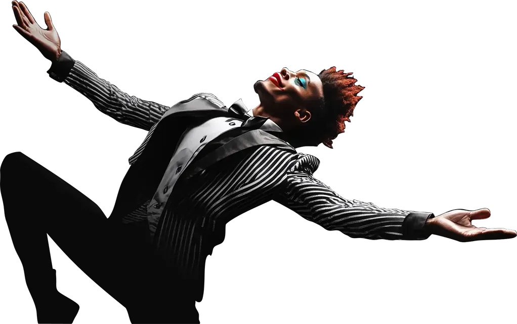 A vibrant jester in a striped suit and theatrical makeup leans back with arms outstretched, exuding confidence and flair—symbolising Qquench’s expressive, boundary-pushing approach to UI/UX design that delights and disrupts.