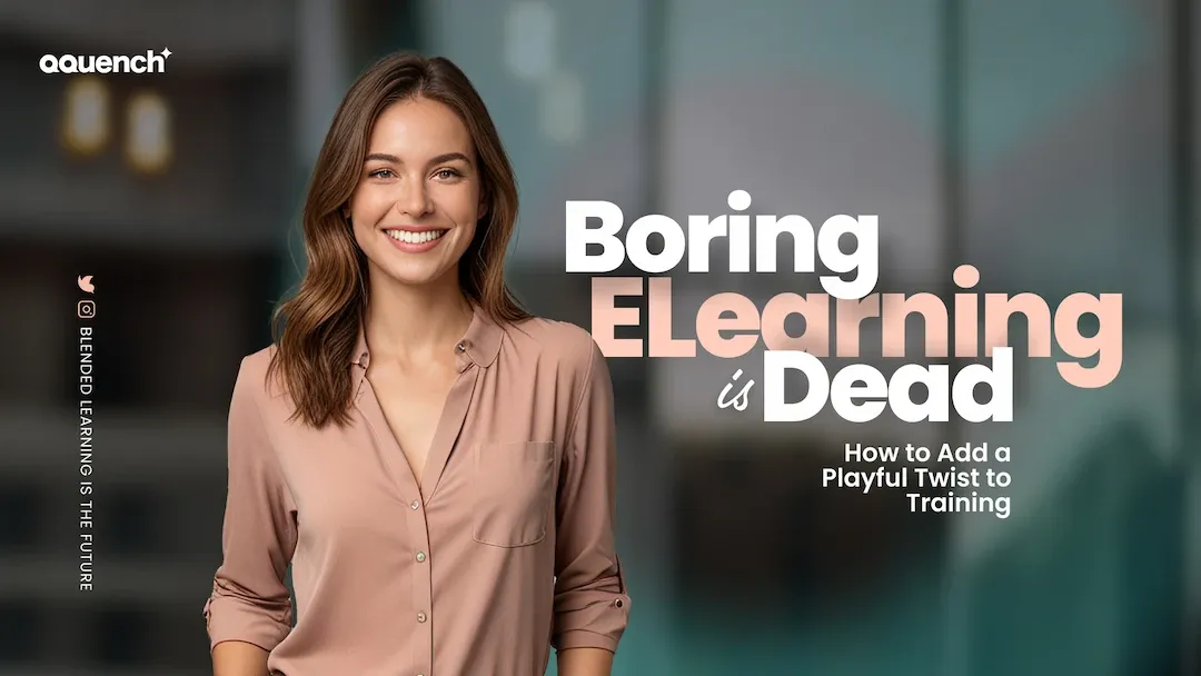 elearning strategist woman in a professional setting with text overlay that says 'Boring eLearning is Dead – How to Add a Playful Twist to Training'; promoting engaging and interactive eLearning design for modern corporate training.