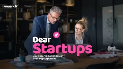 In a sleek, modern office setting, a man in a business suit and a woman in professional attire are engaged in a focused discussion over a laptop, symbolizing strategic collaboration. The overlay text from Qquench Media reads, “Dear Startups, you deserve better design than big corporates,” emphasizing the agency’s mission to provide high-quality, tailored branding and design services for startups. The image captures the essence of personalized creative solutions, startup empowerment, and modern business communication.