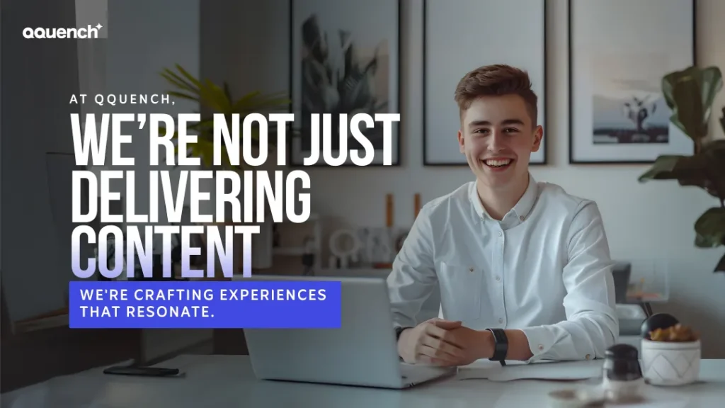 oung professional smiling at desk with laptop, representing Qquench’s approach to eLearning—crafting immersive learning experiences instead of just delivering digital content.