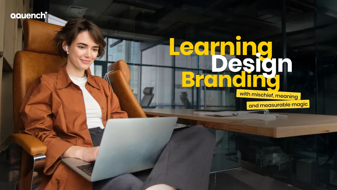 Playful text on a dark background reads 'Learning, design, branding — with mischief, meaning, and measurable magic,'