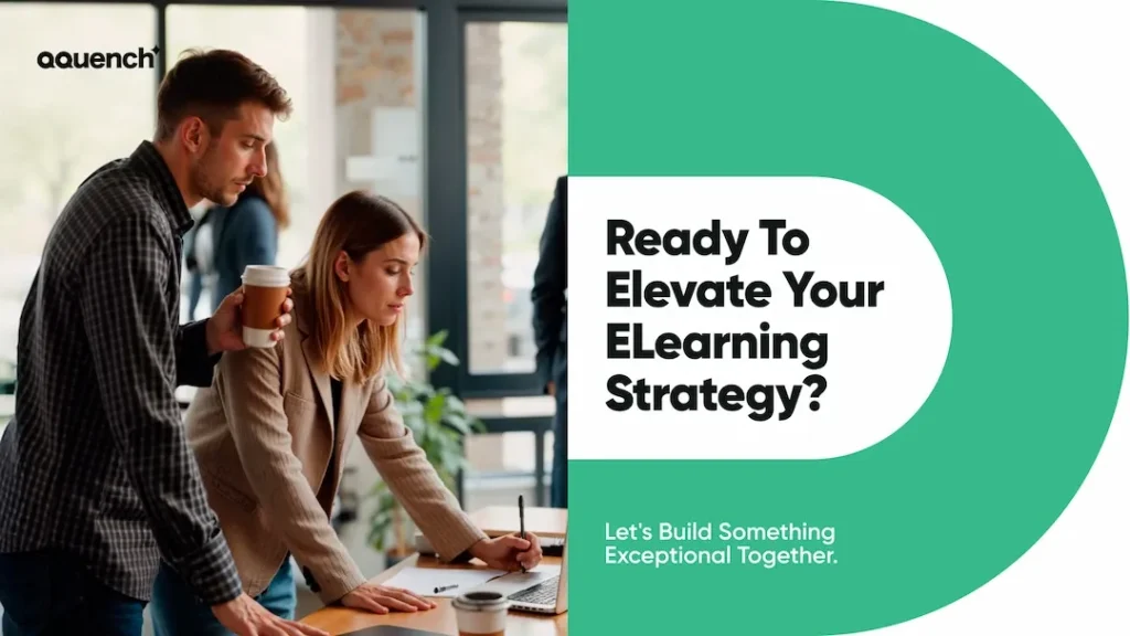 Two focused professionals collaborating at a desk in a bright office setting, illustrating strategic planning for eLearning with the message “Ready to Elevate Your eLearning Strategy?” Perfect for UX design and digital experience.