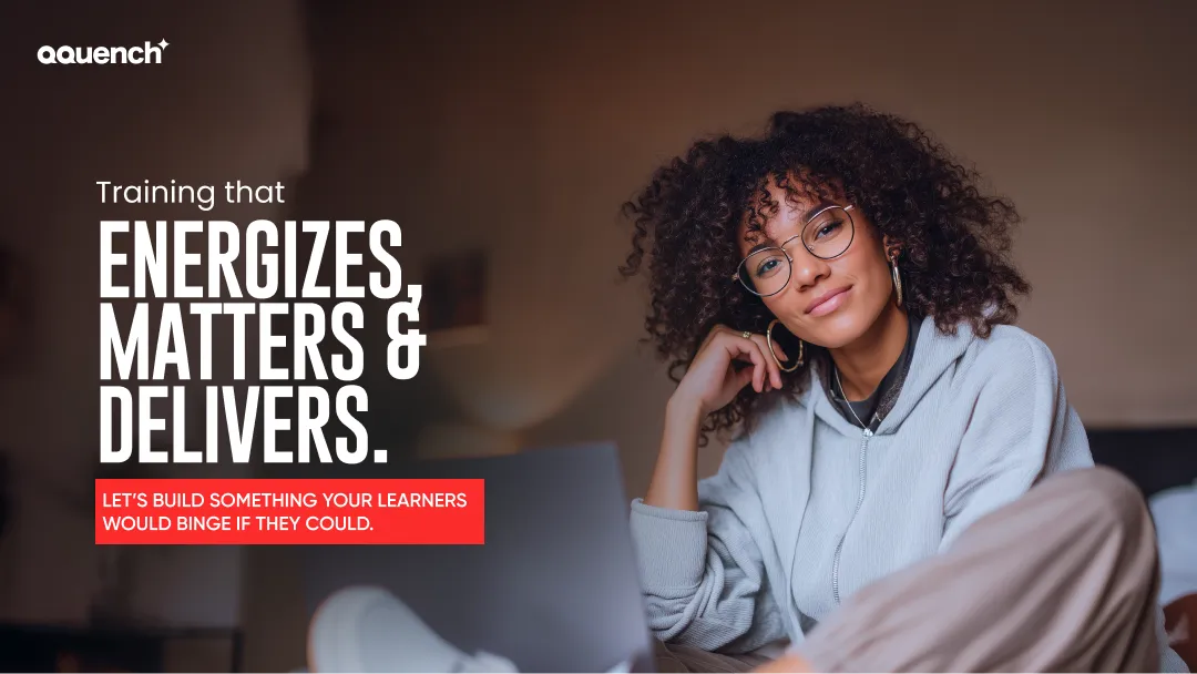 Confident woman with curly hair and glasses sitting casually with a laptop, accompanied by bold text: 'Training that energizes, matters & delivers. Let’s build something your learners would binge if they could.'