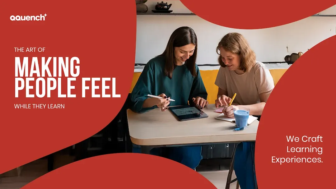 Two women doing UX research together at a table with a tablet and notebook, surrounded by red graphic elements and text that reads: 'The Art of Making People Feel While They Learn' and 'We Craft Learning Experiences.' Qquench logo is visible in the corner.