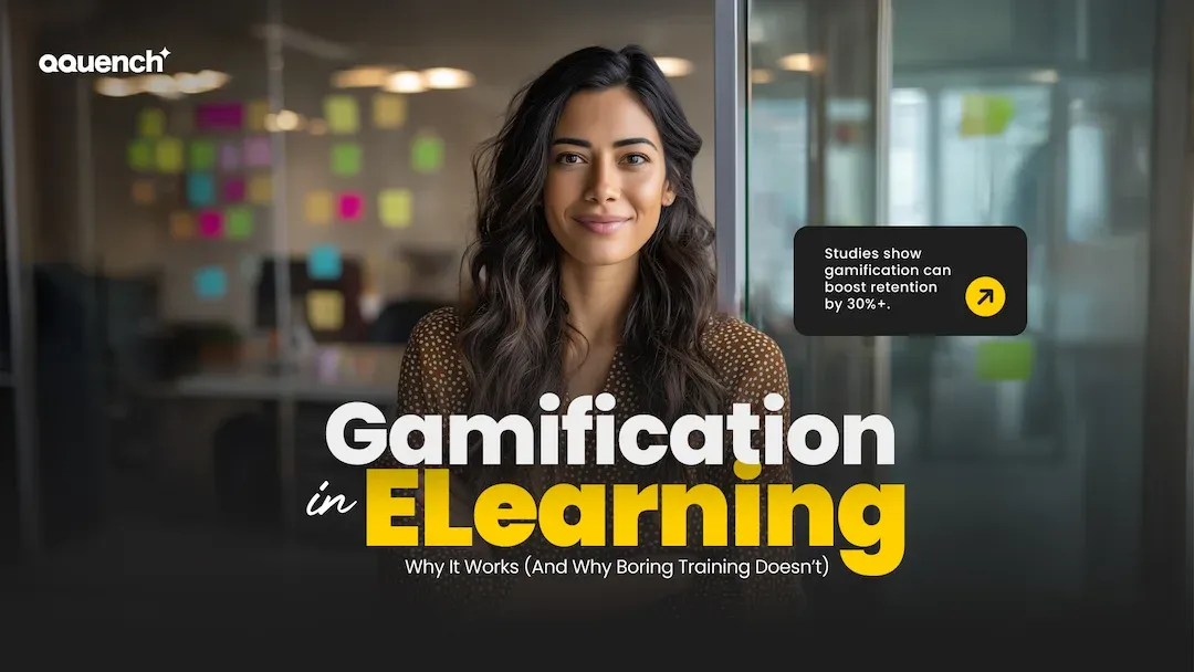A confident woman with long dark hair stands in a modern office space with colorful sticky notes on glass in the background. The text overlay reads: "Gamification in eLearning – Why It Works (And Why Boring Training Doesn’t)." A black callout on the right says, "Studies show gamification can boost retention by 30%+." The Qquench Media logo is in the top-left corner.