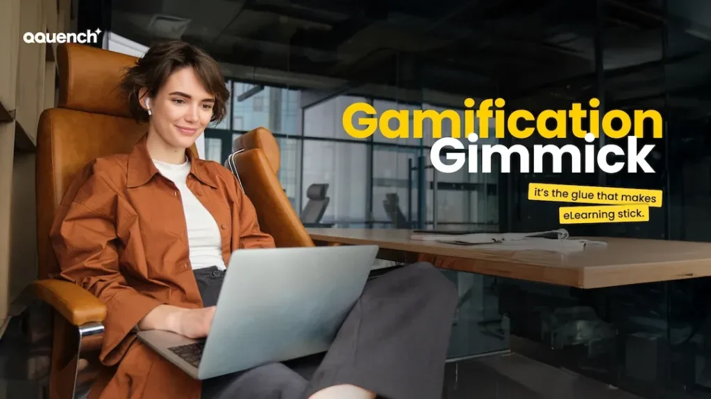 A woman with short brown hair, wearing a brown coat and white top, smiles while working on a laptop in a modern office setting. The text on the right reads: "Gamification Gimmick — it’s the glue that makes eLearning stick." The Qquench Media logo appears in the top-left corner.