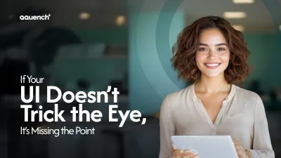 A smiling woman with curly brown hair holds a tablet while standing in an office environment. On the left, bold text reads: "If Your UI Doesn’t Trick the Eye, It’s Missing the Point." The Qquench Media logo is in the top-left corner, and two green design-related icons are floating near the woman on the right.